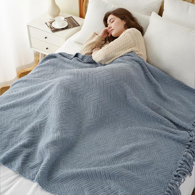 BATTILO HOME Bluish Grey Chenille Throw Blanket for Couch, Knit Throw Blanket,Super Soft Warm Home Decor Throw Blanket with Tassels for Bed,Sofa and Living Room,60" x 80"