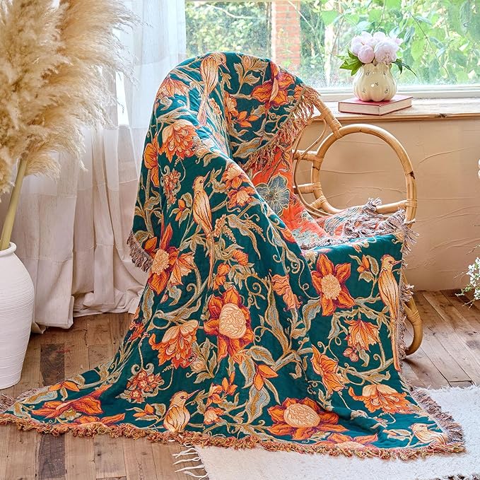 Boho Throw Blanket 60"x80" 100% Cotton Twin Bird Blanket, Breathable Lightweight Spring Decorative Reversible Blankets with Fringe for Couch Vintage Decor