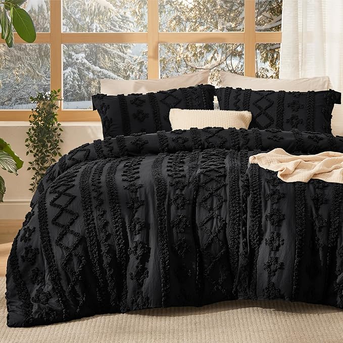 Bedsure Tufted Boho Comforter Set Queen Size - Black Boho Bed Set, GentleSoft™ 3 Pieces Farmhouse Shabby Chic Embroidery Bedding, Gifts for Woman, Soft Jacquard Queen Comforter for All Seasons