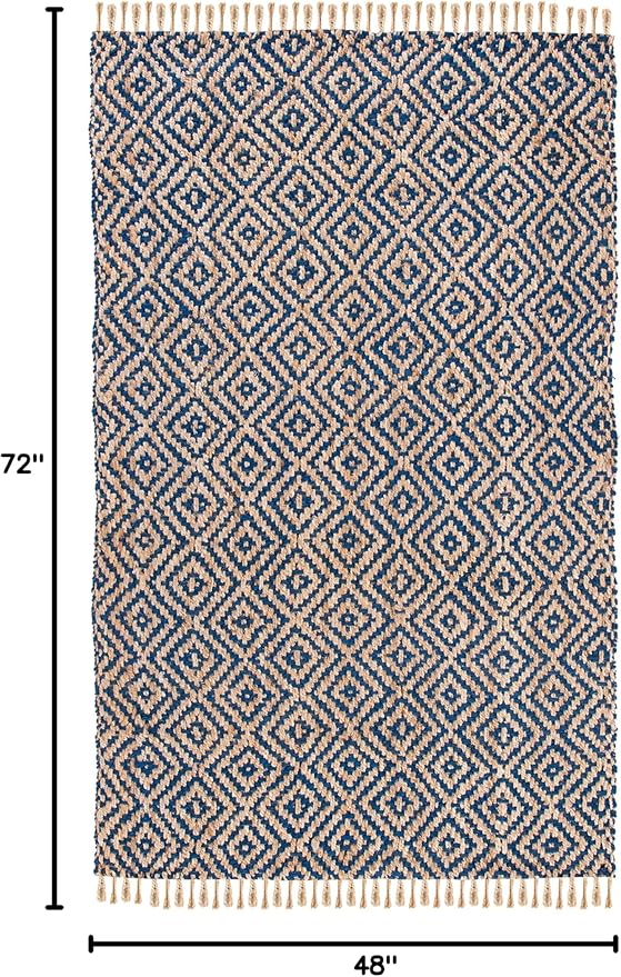 SAFAVIEH Natural Fiber Collection Accent Rug - 4' x 6', Tropical Blue & Natural, Handmade Boho Diamond Tassel Jute, Ideal for High Traffic Areas in Entryway, Living Room, Bedroom (NF266D)