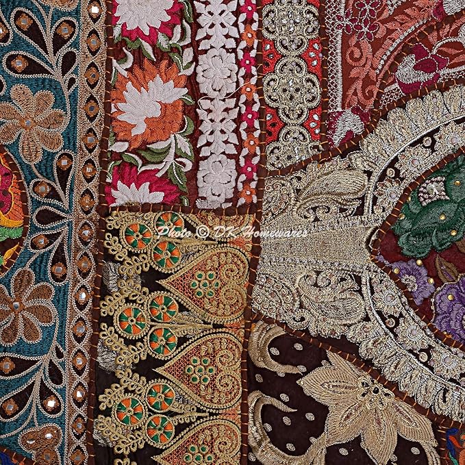 Round Ethnic Floor Cushions for Kids Dark Brown 32 Inch Patchwork Yoga Ottoman Stool Home Decor Embroidered Vintage Cotton Indian Floor Pillow Bed 32x32