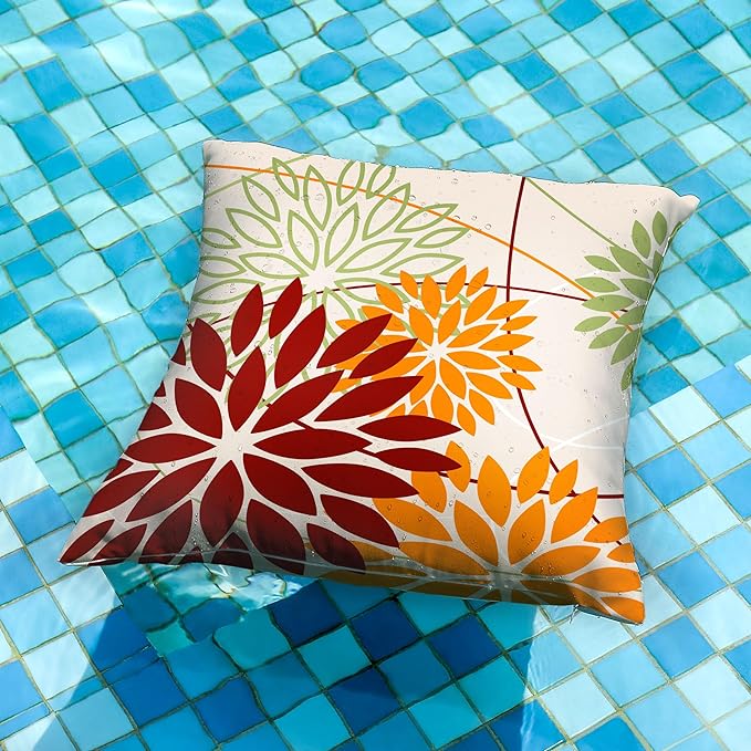 DFXSZ Red Orange Fall Pillow Cover 20X20 Inch Set of 2 Outdoor Waterproof Floral Orange Decorative Pillowcase Decor for Couch Patio Funiture Garden Print Polyester Cushion Cover 01N20