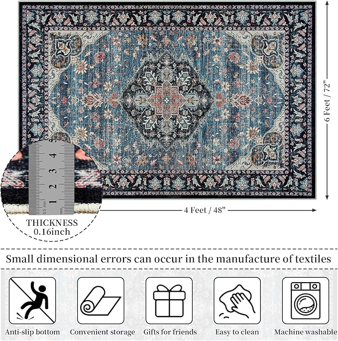 Amearea Vintage Design Navy Blue Area Rugs for Living Room, 4x6 Machine Washable Floral Collection Traditional Bedroom Rug, Low Pile Dinning Room Carpet, No Slip Office Kitchen Home Decor, Navy Blue