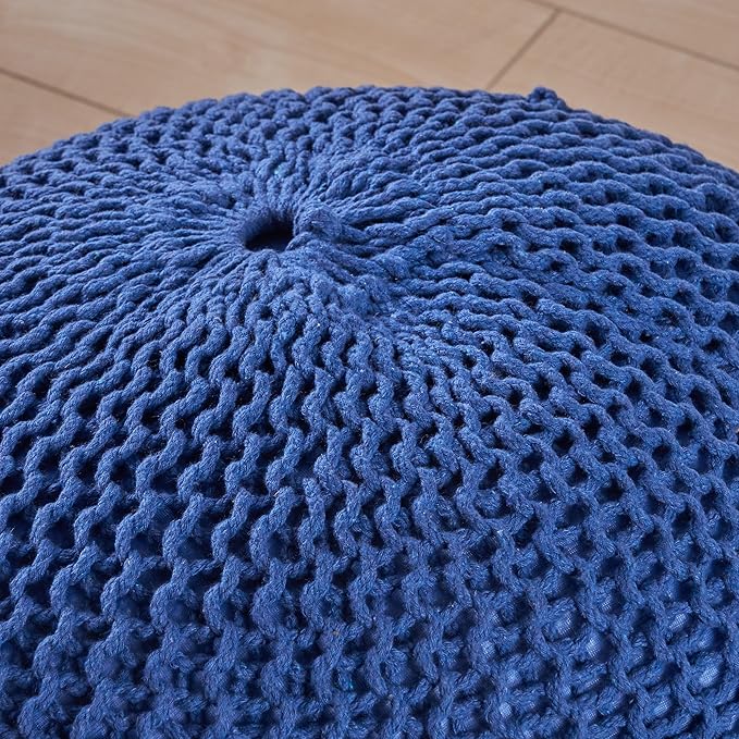 Round Pouf Ottoman, 18" Bordeaux Knitted Cotton Woven Round Pouf, Handmade Woven Bean Bag for Living Room, Floor Bag for Bedrooms, Home, Offices, Sofa Footrest (Navy)