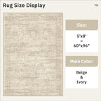 5x8 Area Rugs Beige Low Pile Indoor Washable Trendy Faded Style Rugs for Bedroom Living Room Dining Room Foldable Non-Slip Thin Print Home Office Mat