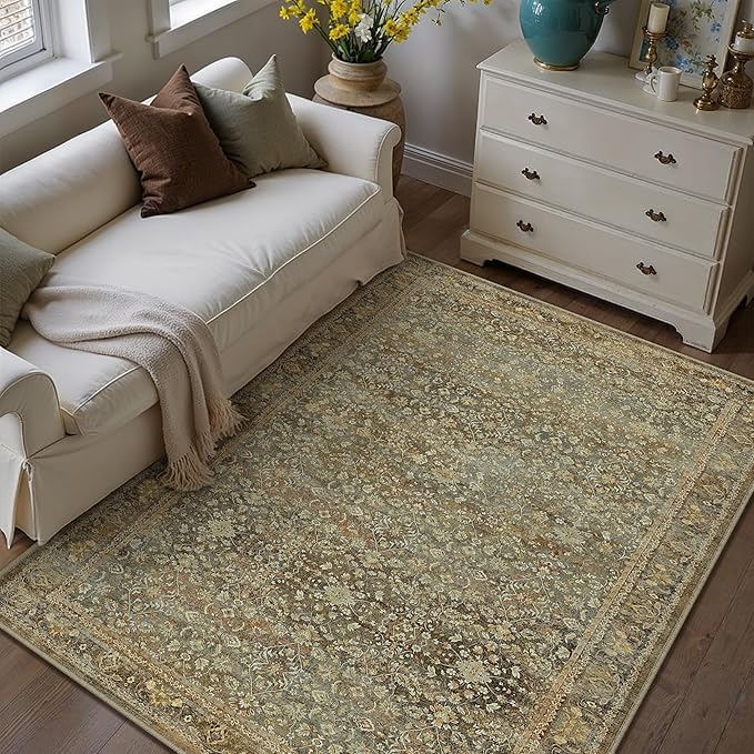 Area Rug 6x9 Brown Living Room Washable Vintage Carpet Non Slip Indoor Retro Traditional Accent Throw Large Rug for Office Bedroom Dining Room Playroom