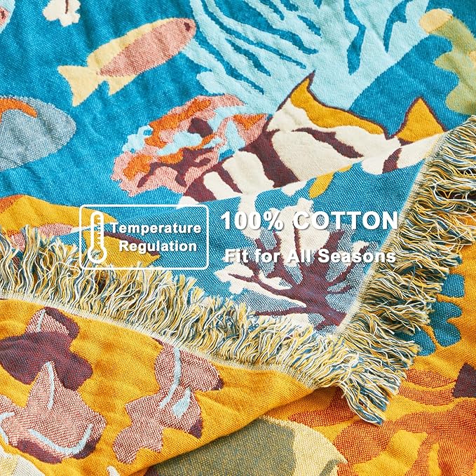 Throw Blanket for Bed 100% Cotton Blankets for Bedroom Living Room Spring Twin All Season Underwater Ocean Life Embroidery Reversible Breathable Quilt for Couch Sofa Coastal Home Decor 60"x80"