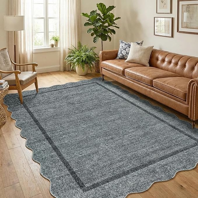 GarveeHome Scalloped Washable Area Rug 8 x 10 Rug for Living Room Modern Grey Rug Non Slip Throw Rugs Distressed Large Bedroom Area Rug Stain Resistant Carpet for Dining Room Nursery 8 ft x10 ft Grey