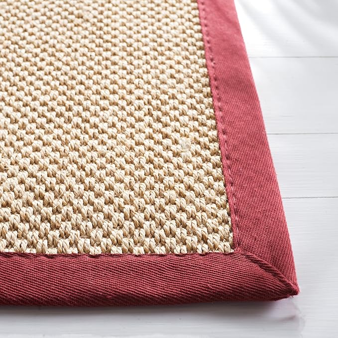 SAFAVIEH Area Rug 4' Square - Natural Fiber Collection - Maize & Burgundy, Sisal, Woven Design with Border (NF141D)