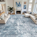 12x15 Washable Area Rug Blue/Grey Neutral Abstract Living Room Large Carpet Non Slip Bedroom Indoor Office Dining Room Low Pile Thin Rug