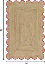 Scalloped Natural Jute Area Rug, Pink Trim, 2'6"x6'