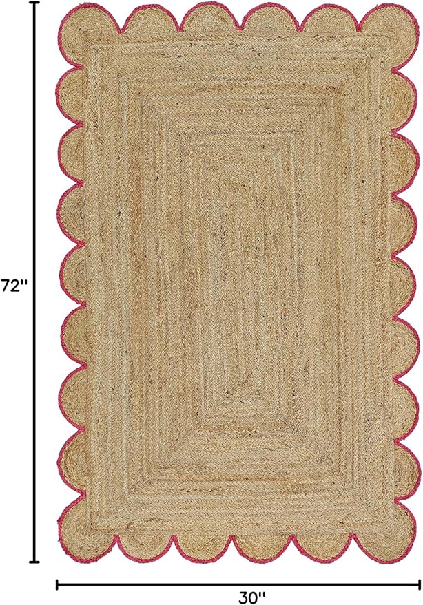 Scalloped Natural Jute Area Rug, Pink Trim, 2'6"x6'