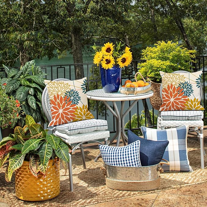 Orange and Yellow Floral Pillow Covers 16x16 Set of 2 Fall Outdoor Waterproof Decorative Throw Pillows Summer Pillowcovers Polyester Cushion Case Decor for Couch Patio Funiture Garden Porch 01Q16