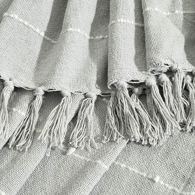 Lush Decor Boho Tufted Cotton Woven Tassel Fringe Throw Blanket Single 50" W x 60" L Light Gray - Gray Throw Blankets for Bed - Boho Couch Blankets