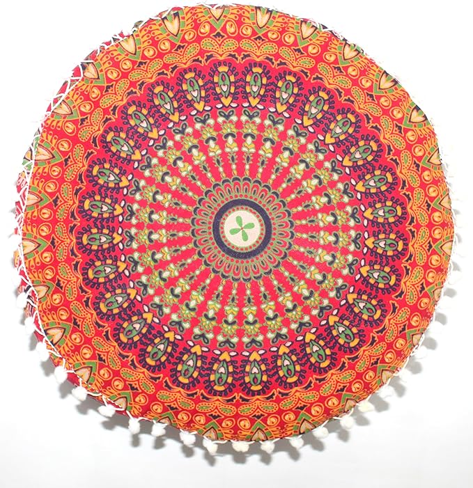 INDIAN CRAFT CASTLE ICC Red Peacock Mandala Barmeri Large Floor Pillow Cover Cushion Meditation Seating Ottoman Throw Cover Hippie Decorative Zipped Bohemian Pouf Ottoman Cases 16" Round