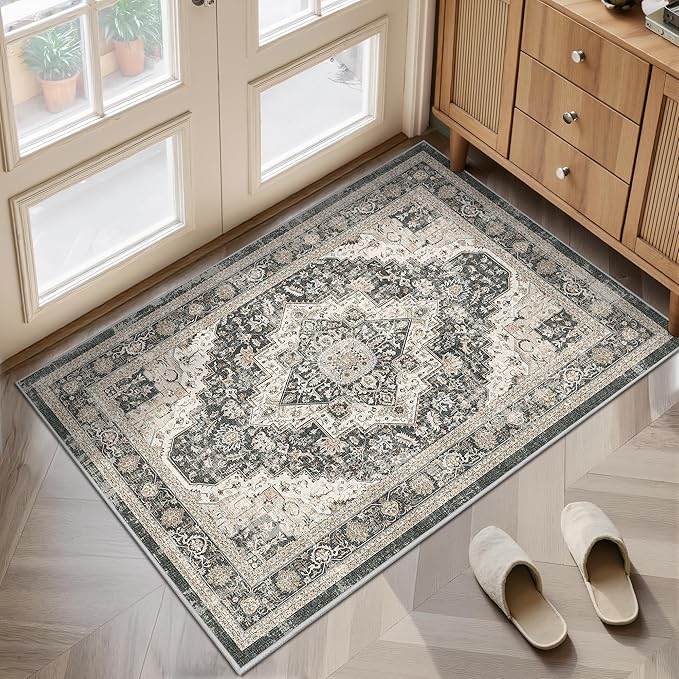 Washable Runner Rug 2x3 Runners for Hallways, Ultra-Thin Carpet Runners for Entryway Anti Slip Backing Runner Rugs for Kitchen Laundry Room Indoor Hallway (Black/Beige)