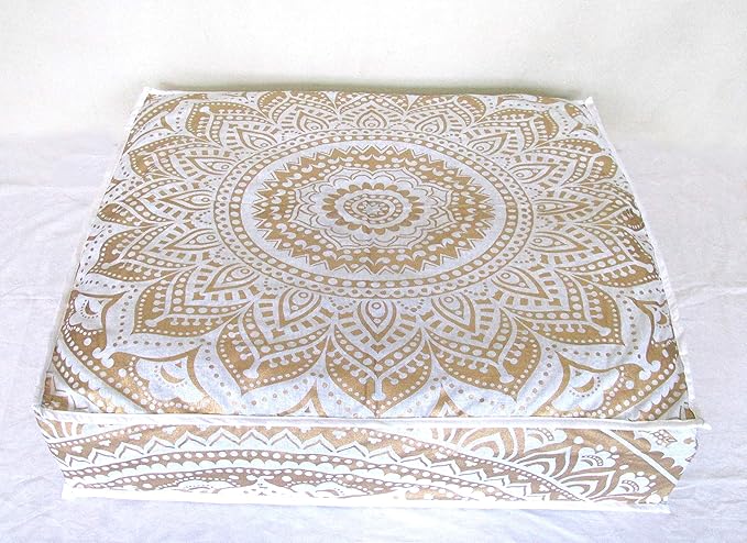 ICC Large Square Floor Pillow Cover Hippie Ottoman Pouf Cover Daybed Cotton Mandala Cushion Cover with Heavy Duty Zipper Seating Ottoman Poufs Dog-Pets Bed (White Gold Ombre, 35" Square)