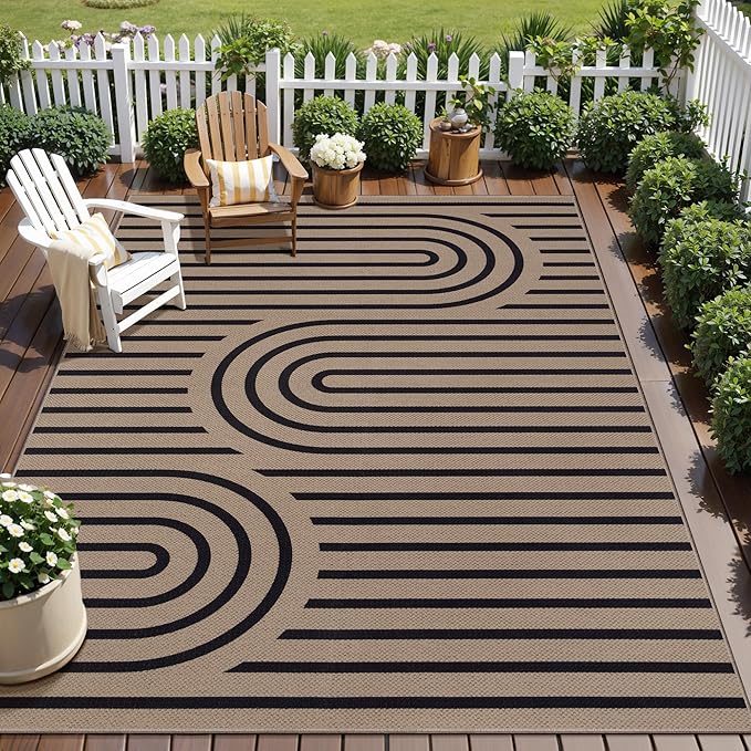 Tangsoo Easy Jute 5x7 Large Washable Area Rug for Dining Room Table,Non-Slip Black Outdoor RugThin Indoor Mat,Modern Farmhouse Rainbow Carpet for Living Room Bedroom Patio Home Decor