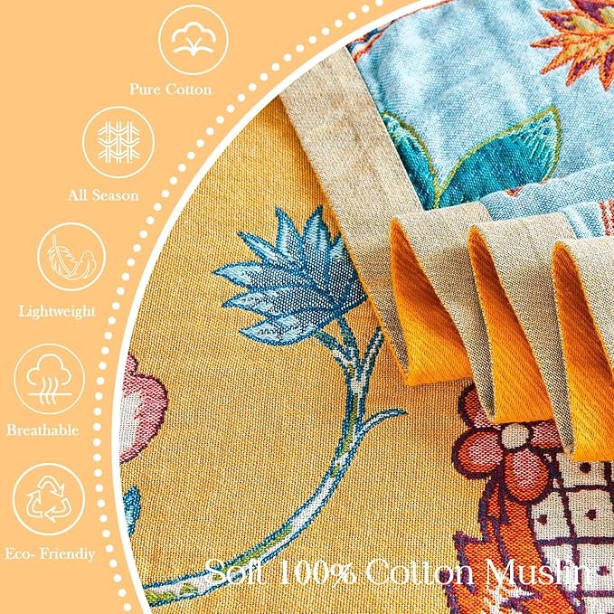 Boho Blanket Soft Muslin Boho Throw Blanket 100% Cotton Blanket All Seasons Reversible Rustic Floral Printed Vintage Rustic Farmhouse Decor Throw for Sofa Couch Chair (Yellow, 50"x60")