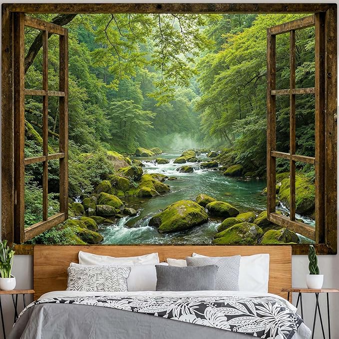 Accnicc Window Forest Tapestry Green Nature Jungle Wall Tapestry for Bedroom Aesthetic Rainforest Stream Outdoor Landscape Extra Large Tapestries Wall Hanging for Dorm Living Room Decor 90 x 68 Inch