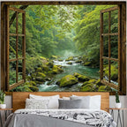 Accnicc Window Forest Tapestry Green Nature Jungle Wall Tapestry for Bedroom Aesthetic Rainforest Stream Outdoor Landscape Large Tapestries Wall Hanging for Dorm Living Room Decor 80 x 60 Inch