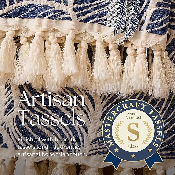 DOWN HOME Chenille Cotton Throw Blanket for Couch, Lightweight Boho Blanket for Bed Sofa Chair Living Room Outdoor Soft Woven Decorative Blanket with Tassel Gift Navy Leaves 60"x80"