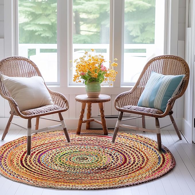 COTTON CRAFT Jute Chindi Braid Rag Rug - Boho Farmhouse Rustic Area Accent Throw Rug - Handwoven Reversible Natural Recycled Cotton - Living Room Den Study Home Décor Gift - 4 Feet Round - Multi Color
