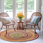 COTTON CRAFT Jute Cotton Chindi Braid Rag Rug - Boho Farmhouse Rustic - Handwoven Reversible Natural Jute and Recycled Cotton Throw Area Rug Carpet - Home Décor - 3 Feet Round Multi Color