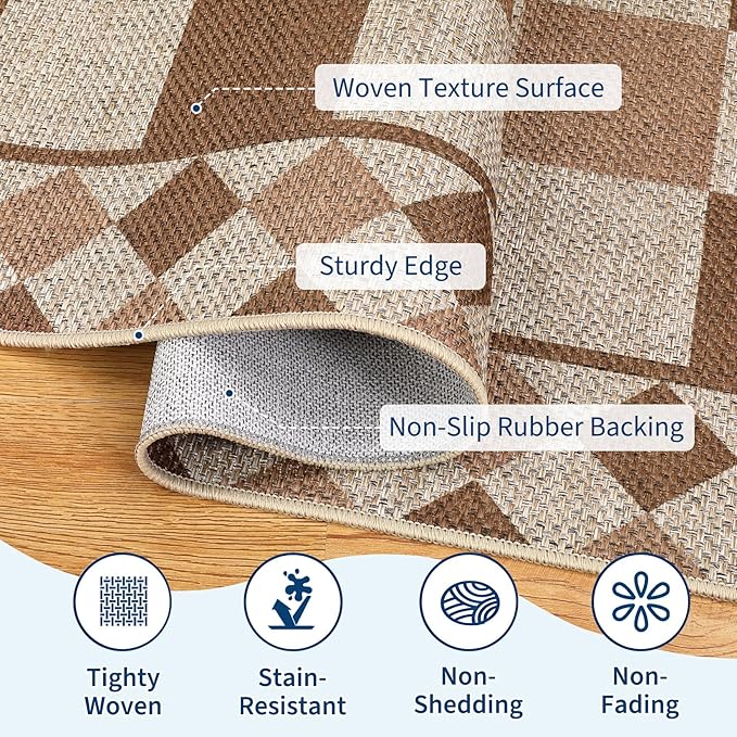 GarveeHome Checkered Jute Runner Rug 2x6 Kitchen Runner Rugs Indoor Outdoor Entryway Rug Non-Slip Washable Jute Rugs for Hallway Non Shedding Neutral Carpet for Bedside Entry Front Door Porch, Brown