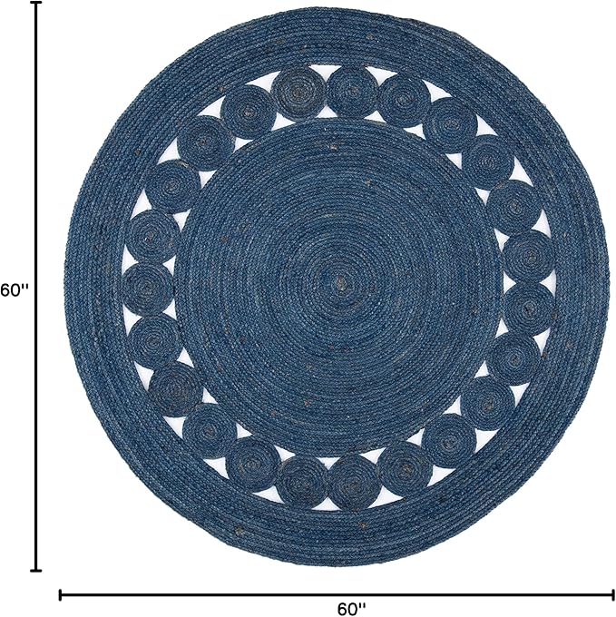 SAFAVIEH Area Rug 5' Round - Natural Fiber Collection - Navy, Handmade Jute, Boho Farmhouse Braided Design (NF364N)