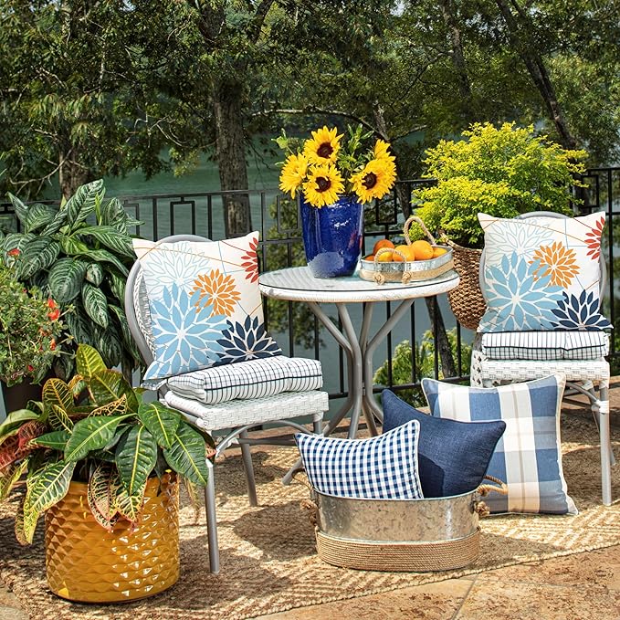 Light blue and Orange Floral Pillow Covers 16x16 Set of 2 Outdoor Waterproof Decorative Throw Pillows Summer Pillow covers Polyester Cushion Case Decor for Couch Patio Funiture Garden Porch 011D16
