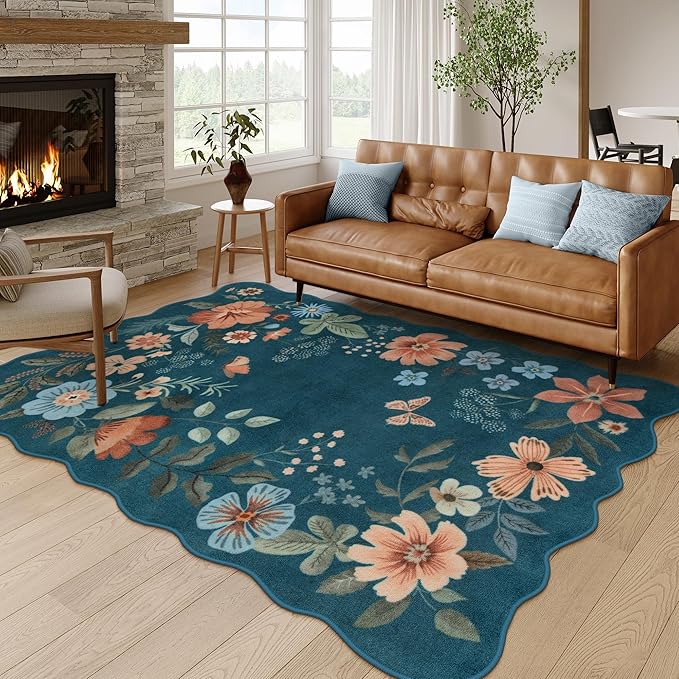Lahome Floral Washable Area Rug, Ultra-Thin Soft Non-Slip Stain Resistant Lightweight Boho Rug for Living Room, Bedroom, Dining Room, Office Flore (5x7ft, Navy Blue)