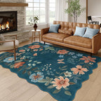 Lahome Floral Washable Area Rug, Ultra-Thin Soft Non-Slip Stain Resistant Lightweight Boho Rug for Living Room, Bedroom, Dining Room, Office Flore (5x7ft, Navy Blue)