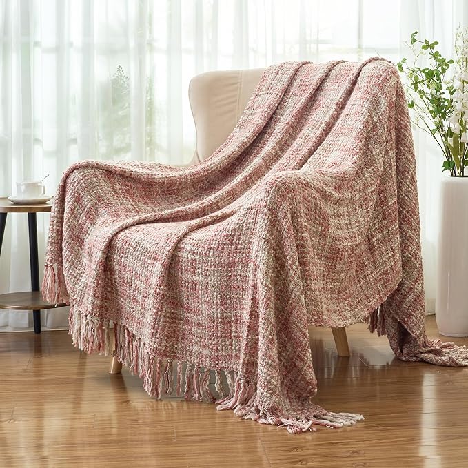Multi-Color Light Pink Cable Woven Throw Blanket for Couch,50"X60" Boho Style Textured Blankets for Home Decor,Super Soft Warm Cozy Chunky Blanket with Decorative Tassels for Bed