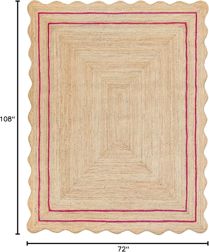 Wave Scalloped Natural Jute Runner, Dark Pink (6'x9'): Boho Farmhouse Scallop Entryway Rug