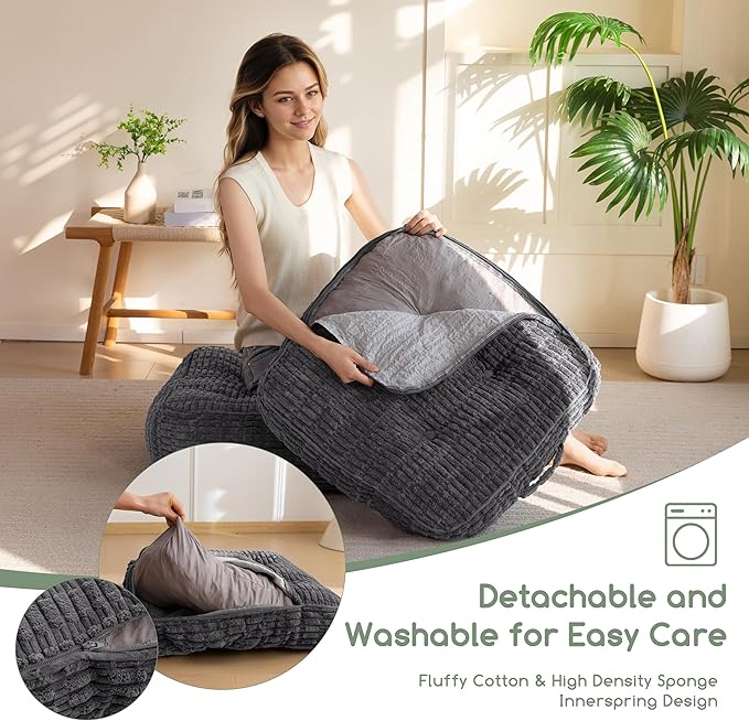 6" Washable Floor Pillow Cushion for Adults, Meditation Cushion Pillow, Removable Tufted Blended Corduroy Cover, Large Square Floor Sitting for Tatami Living Room or Yoga, 22x22 Inch, Machine Washable