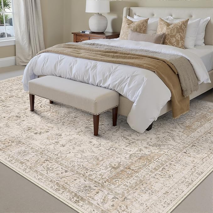10x12 Beige Area Rug Vintage Living Room Bedroom Washable Carpet Non-Slip Soft Low Pile Distressed Indoor Large Throw Rug for Dining Room Office