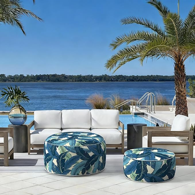 LVTXIII Indoor/Outdoor Inflatable Ottoman with Handle D21 x H9 Inch, Weather-Resistant Round Footstool Pouf for Patio Camping Living Room, Portable Footrest Extra Seating, Swaying Palms Blue