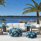 LVTXIII Indoor/Outdoor Inflatable Ottoman with Handle D21 x H9 Inch, Weather-Resistant Round Footstool Pouf for Patio Camping Living Room, Portable Footrest Extra Seating, Swaying Palms Blue