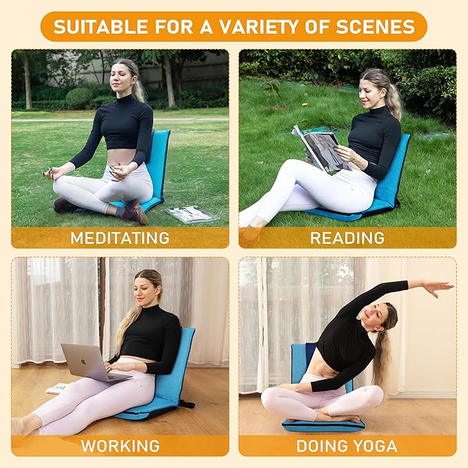 Floor Chair with Back Support 14-Position Adjustable Floor Chair Portable Ground Seating for Adults Foldable Meditation Seat with Japanese KOYO Bearings & Washable Linen Cover (Bright Blue)