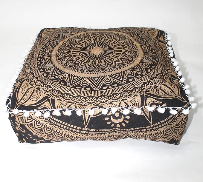 CRAFT KALA 16" Square Large Hippie Mandala Meditation Floor Ottoman Pillow Cushion Pouf Cover Square Poufs Bohemian Circle Floor Cushion Case Outdoor Fireplace Yoga Living Room Decor Cover Black Gold