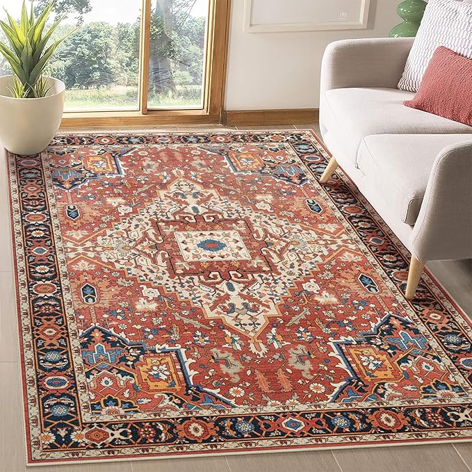 Amearea Vintage Design Orange Area Rugs for Living Room, 4x6 Machine Washable Floral Collection Traditional Bedroom Rug, Low Pile Dinning Room Carpet, No Slip Office Kitchen Home Decor, Orange