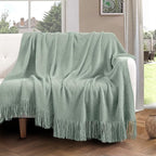 Vonty Sage Green Knitted Blanket with Tassels Fringe 50" x 60", Super Soft Knit Throw Blanket, Farmhouse Decorative Lightweight Blanket for Couch, Sofa, Bed