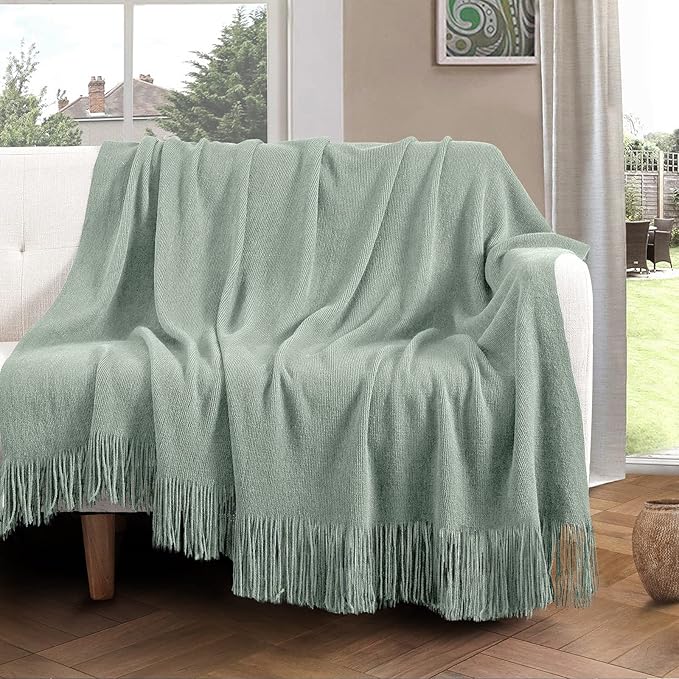 Vonty Sage Green Knitted Blanket with Tassels Fringe 50" x 60", Super Soft Knit Throw Blanket, Farmhouse Decorative Lightweight Blanket for Couch, Sofa, Bed