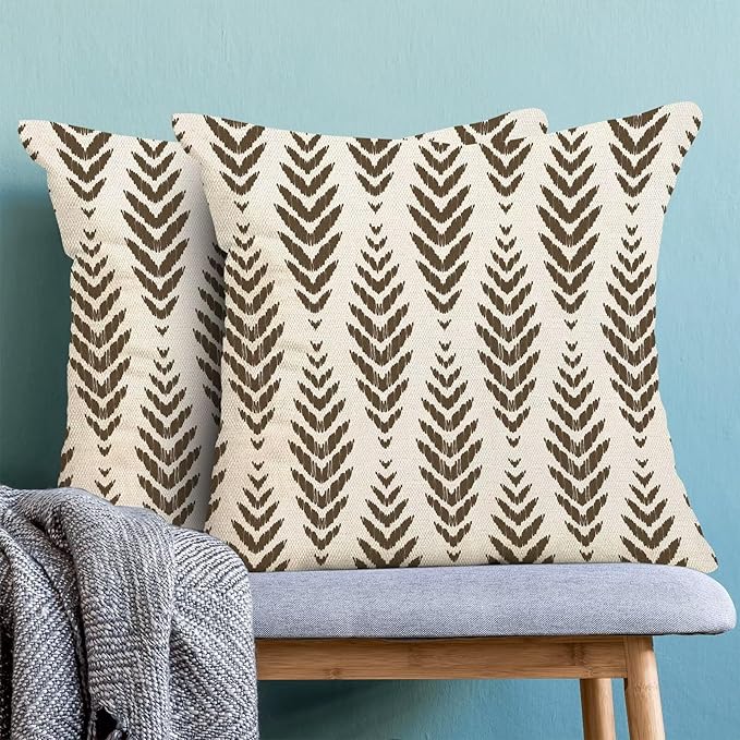 BETGINY Brown Boho Pillow Covers 18 x 18 Inch Pack of 2, Bohemian Ethnic Herringbone Pattern Decorative Throw Pillow Covers Vintage Linen Farmhouse Outdoor Pillowcase for Bedroom Home Sofa Decor