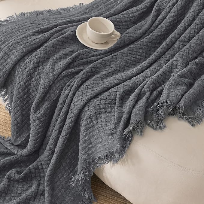Exclusivo Mezcla Knit Throw Blanket with Fringes for Couch, Reversible Super Soft and Warm Woven Boho Throw for All Season, Home Decor, 50"x60", Dark Grey