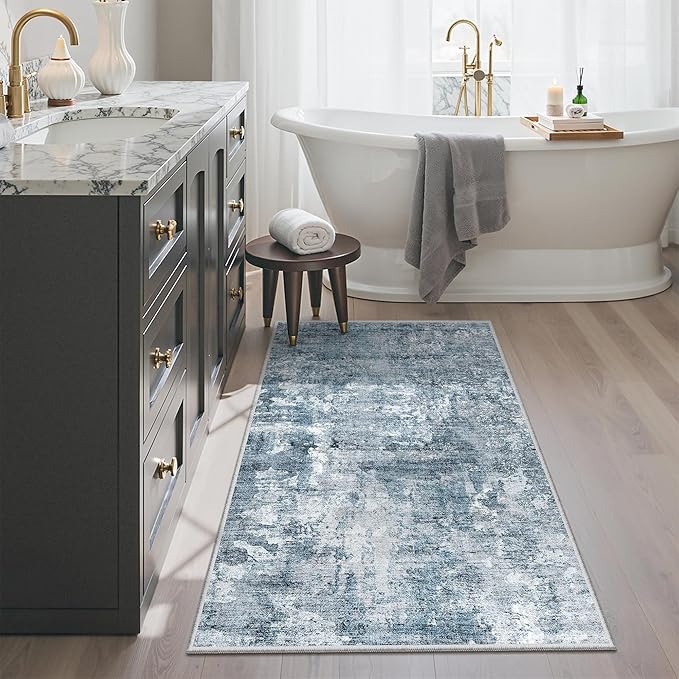 2x4 Washable Rugs for Kitchen, Floor, Entryway, Powder Room Small Area Rug Non-Slip Vintage Low Pile Throw Door Mat Blue/Grey
