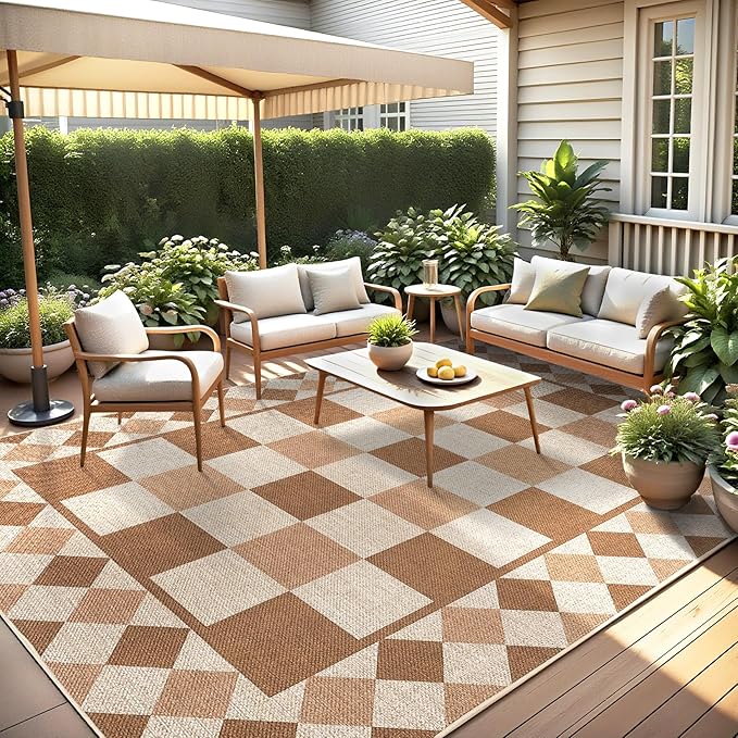 GarveeHome Easy Jute Rug 10x13 Washable Rugs for Farmhouse Living Room Checkered Indoor Outdoor Rug for Patio Non-Slip No Shed Jute Rugs Geometric Carpet for Dining Room Backyard Office, Brown