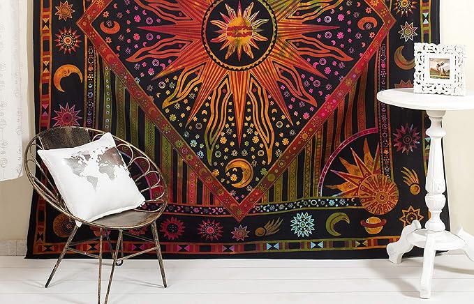 Popular Handicrafts Wall Hanging Tapestry For Bedroom Burning Sun and Moon Hippie Meditation Bohemian Hippy Psychedelic Design Indian Tapestries Bedspread 84 x 90 Inches (215cm x 230cm) Multicolor