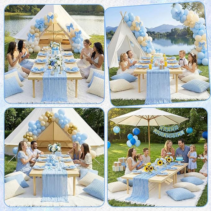 91 x 71 Extra Large Outdoor Boho Picnic Blanket with Table Runner Light Blue, 6 Throw Pillow Covers 6 Napkins Woven Cotton Yarn Oversize Beach Blanket Washable Picnic Camp Wedding